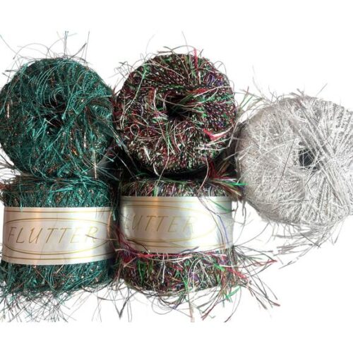 5 Skeins FLUTTER by Knitting Fever Eyelash Yarn | Red, Green, Silver | Italy