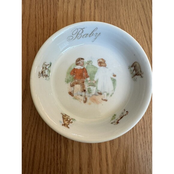 Antique German Baby Cereal Bowl with Jack & Jill, Vintage Porcelain Ceramic Antique German Baby Cereal Bowl with Jack & Jill, Vintage Porcelain Ceramic