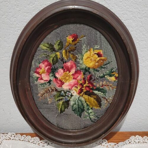 Antique Needlepoint Floral Roses Oval Walnut Framed 8 x 10 Needlework Embroidery