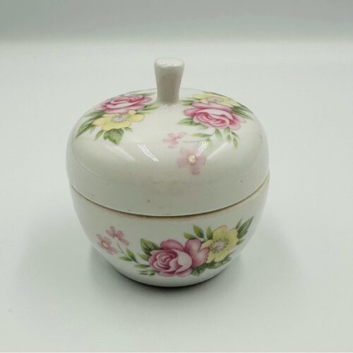 Apple Round Shaped Floral Porcelain Trinket Treasure Box Lid Pink Roses