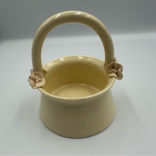 EUC Meg Scott Signed Vintage Cream Ceramic Basket with Pink Floral Accents