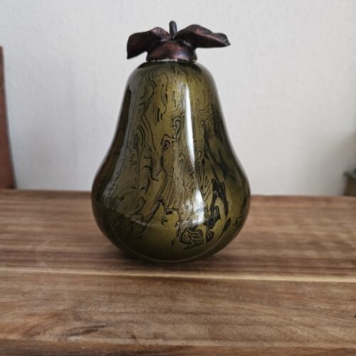 Glass pear green black swirl pattern bronze tone leaf stem 5.5 inch lightweight