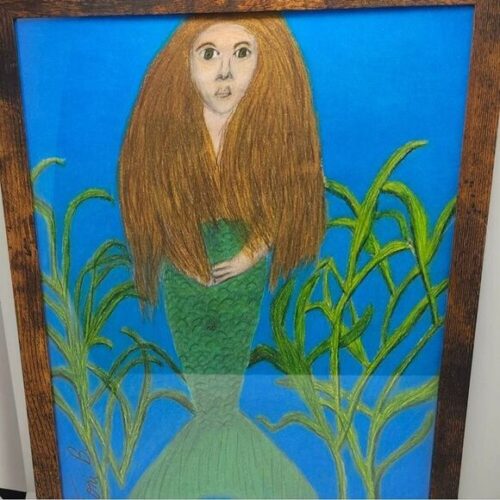 Handmade Framed Pencil Art Mermaid Colored Drawing 9x11 inch One of a Kind