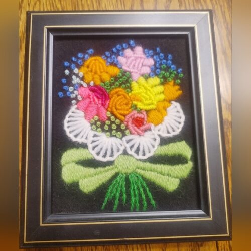 Handmade Vintage Crewel Embroidery Framed Flower Bouquet 1960