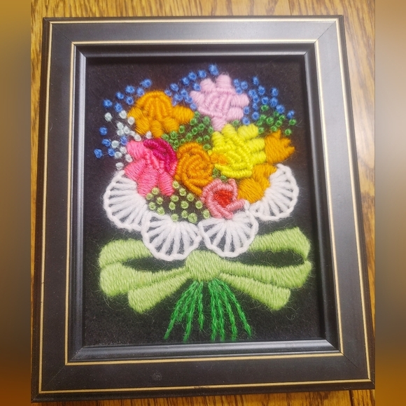 Handmade Vintage Crewel Embroidery Framed Flower Bouquet 1960