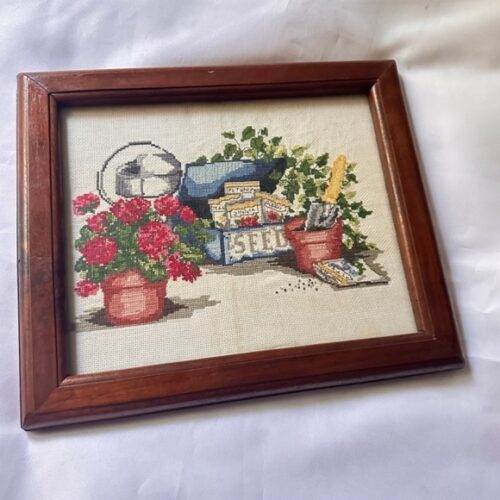 Handmade vintage Framed Floral seeds gardening Needlepoint Art