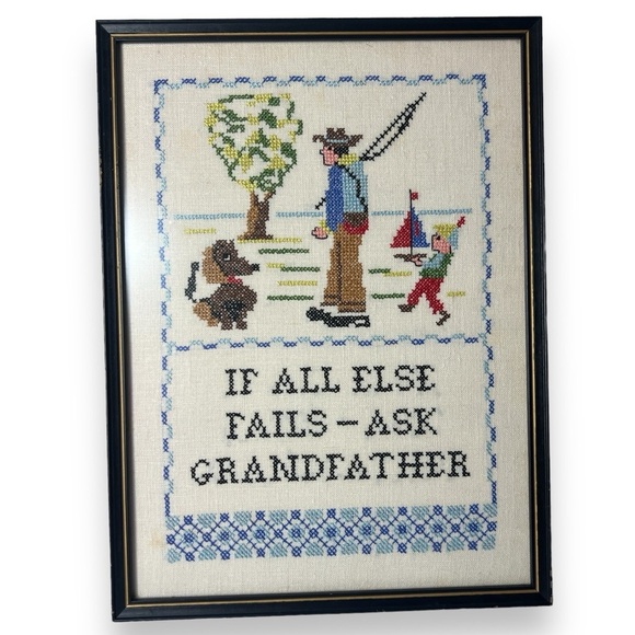 “If All Else Fails- Ask Grandfather” Framed Cross Stitch Vintage 1975 “If All Else Fails- Ask Grandfather” Framed Cross Stitch Vintage 1975