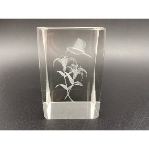 Laser Etched Glass Crystal 3D Hummingbird Morning Glory Lily 3" Cube Paperweight