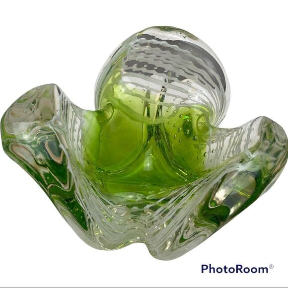 Murano Art Glass Bowl Catchall GREEN, WHITE & CLEAR Italy Murano Art Glass Bowl Catchall GREEN, WHITE & CLEAR Italy