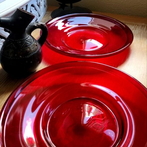 Pair of hand blown ruby red Mexican glass 10-in plates