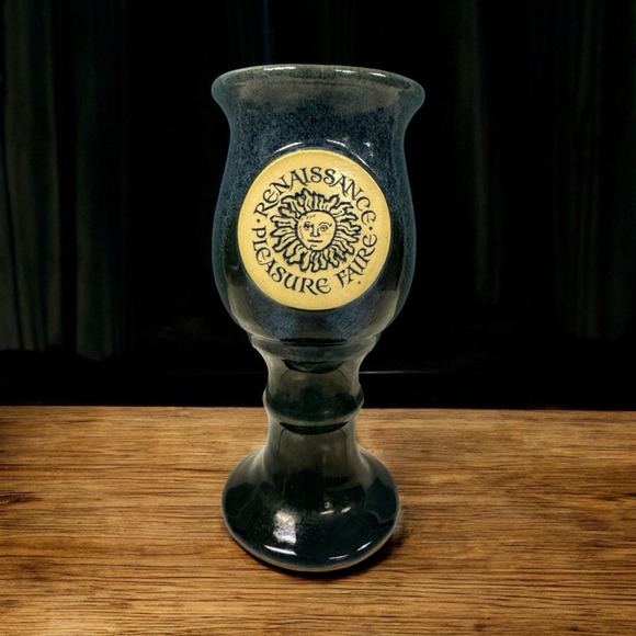 Renaissance Pleasure Faire Large Blue Glazed Clay Goblet Chalice Cup 7" castle Renaissance Pleasure Faire Large Blue Glazed Clay Goblet Chalice Cup 7" castle