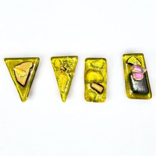 Set of 4Fused Dichroic Glass Pendants–Iridescent Yellow Gold Abstract Art Pieces