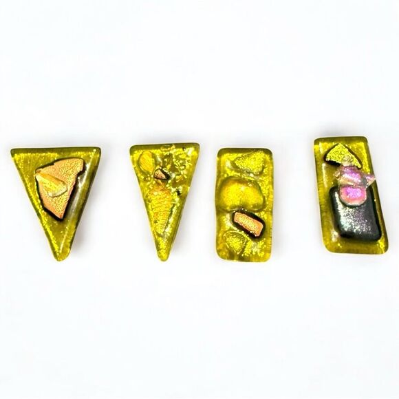 Set of 4Fused Dichroic Glass Pendants–Iridescent Yellow Gold Abstract Art Pieces Set of 4Fused Dichroic Glass Pendants–Iridescent Yellow Gold Abstract Art Pieces