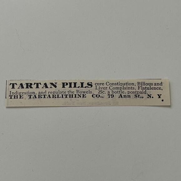 The Tartalithine Co. Tartan Pills Cure Constipation NY 1903 Clipping SAI4-S3 The Tartalithine Co. Tartan Pills Cure Constipation NY 1903 Clipping SAI4-S3