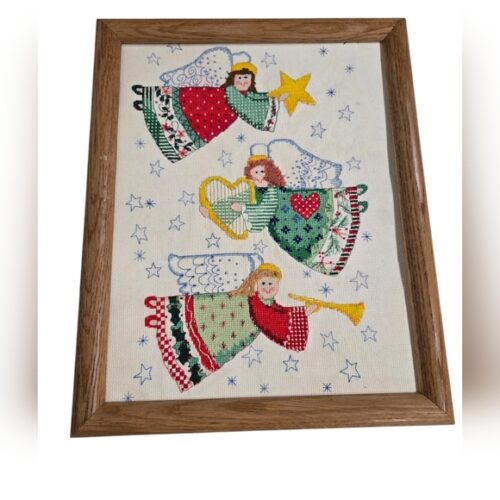 Vintage 1990s Christmas Angel Crosstitch Cottagecore Wall Art