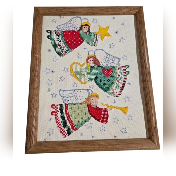 Vintage 1990s Christmas Angel Crosstitch Cottagecore Wall Art
