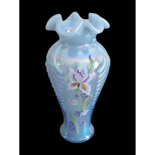 VINTAGE FENTON MISTY BLUE IRIDESCENT OPALESCENT 11" FEATHERED IRIS VASE Signed