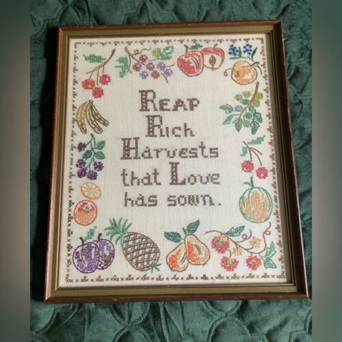 Vintage Framed Cross Stitch Reap Rich Harvests That Love Has Sown