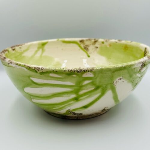 Vintage Handcrafted Italian Rustic Ceramic Centerpiece Bowl Green White Swirl