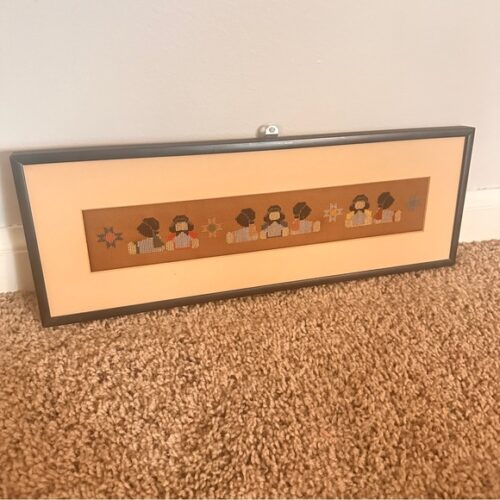 Vintage handmade Framed Cross-Stitch Art with Amish dolls no glass