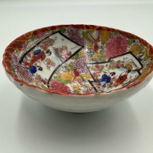 Vintage Japanese Hand-Painted Kutani Style Bowl Floral & Geisha Scene Orange/Red