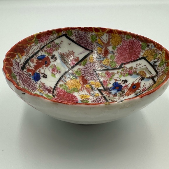 Vintage Japanese Hand-Painted Kutani Style Bowl Floral & Geisha Scene Orange/Red