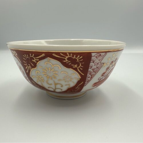 Vintage Japanese Kutani Porcelain Bowl Hand Painted Red & Gold 6” Diameter