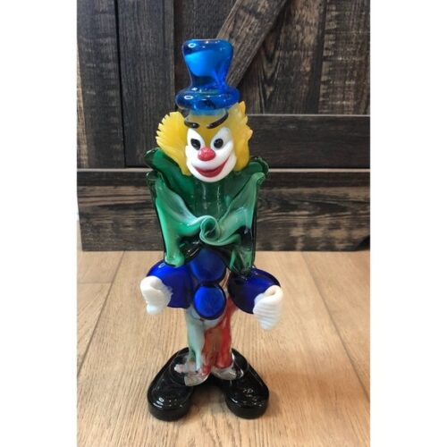 VTG Murano Italy Art Glass Hand Blown Clown 8" Lg Green Bow Tie Blue Buttons Hat