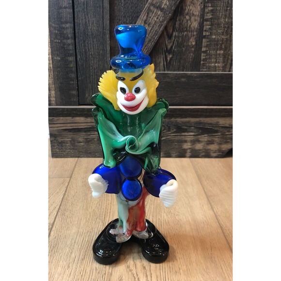 VTG Murano Italy Art Glass Hand Blown Clown 8" Lg Green Bow Tie Blue Buttons Hat VTG Murano Italy Art Glass Hand Blown Clown 8" Lg Green Bow Tie Blue Buttons Hat