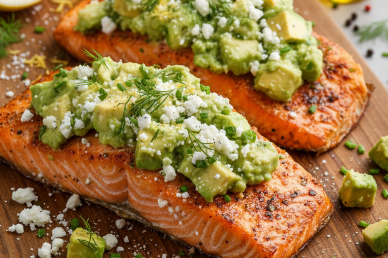 Baked Salmon Avocado Feta Snack