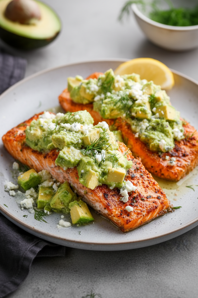 Baked Salmon Avocado Feta Snack