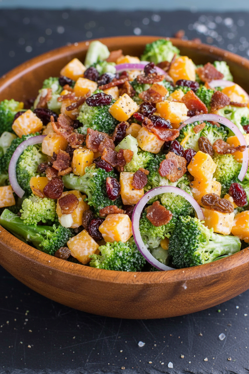 Classic Broccoli Bacon Raisin Cheddar Salad