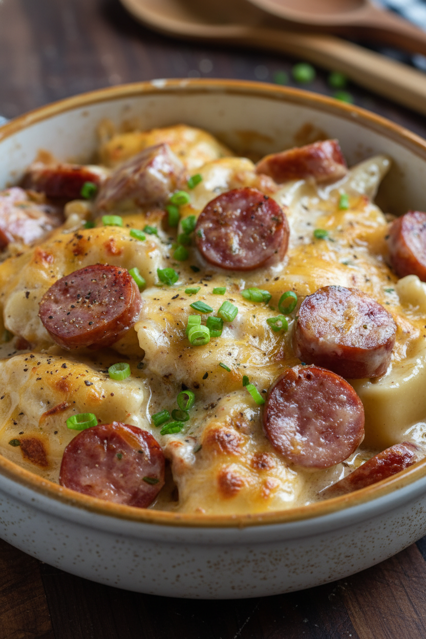 Cozy Crockpot Pierogi Casserole with Kielbasa