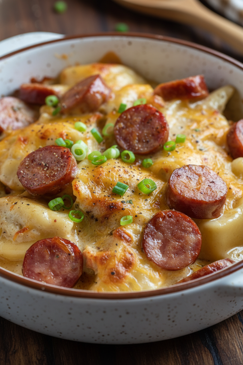 Cozy Crockpot Pierogi Casserole with Kielbasa