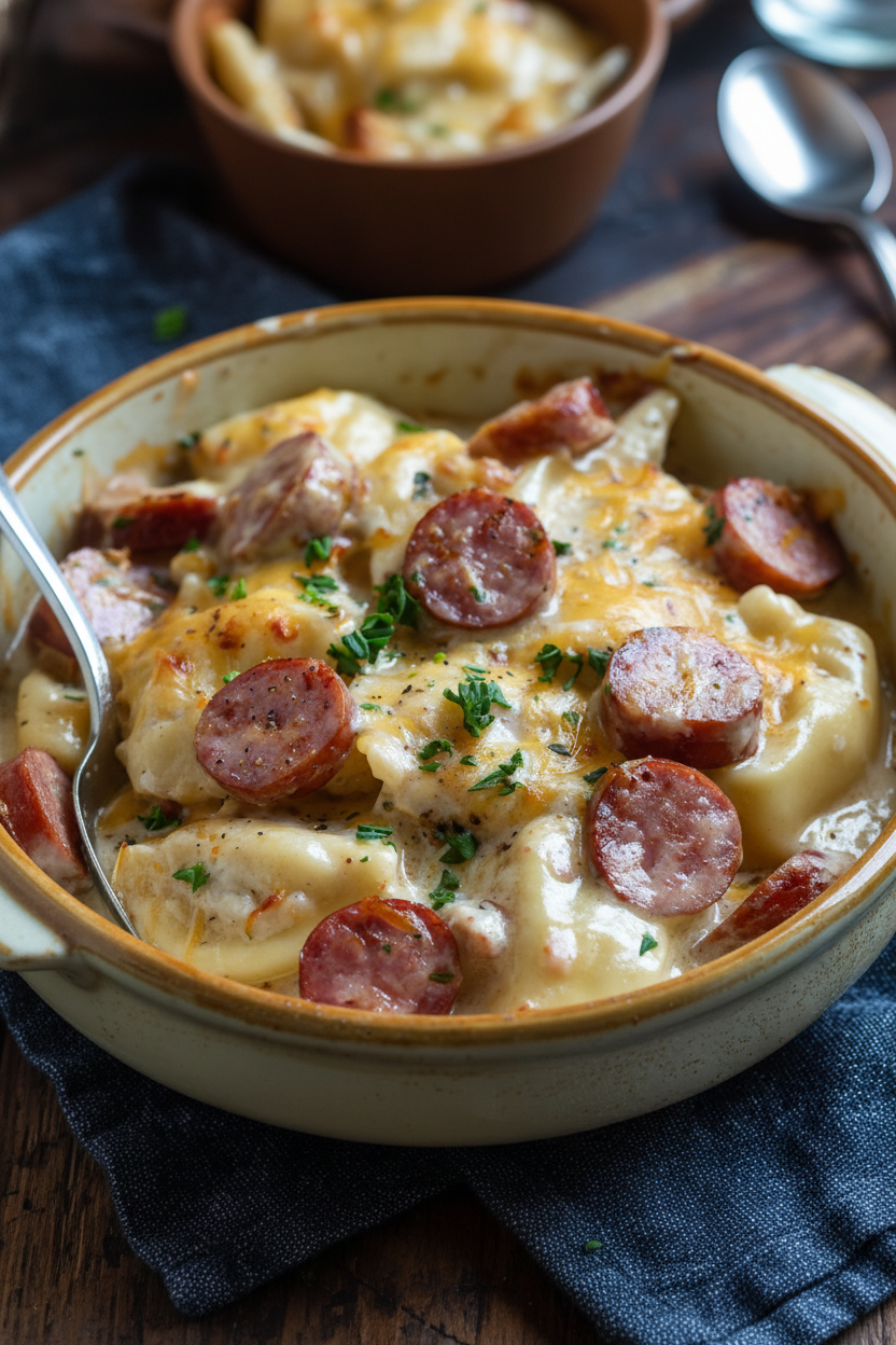 Cozy Crockpot Pierogi Casserole with Kielbasa