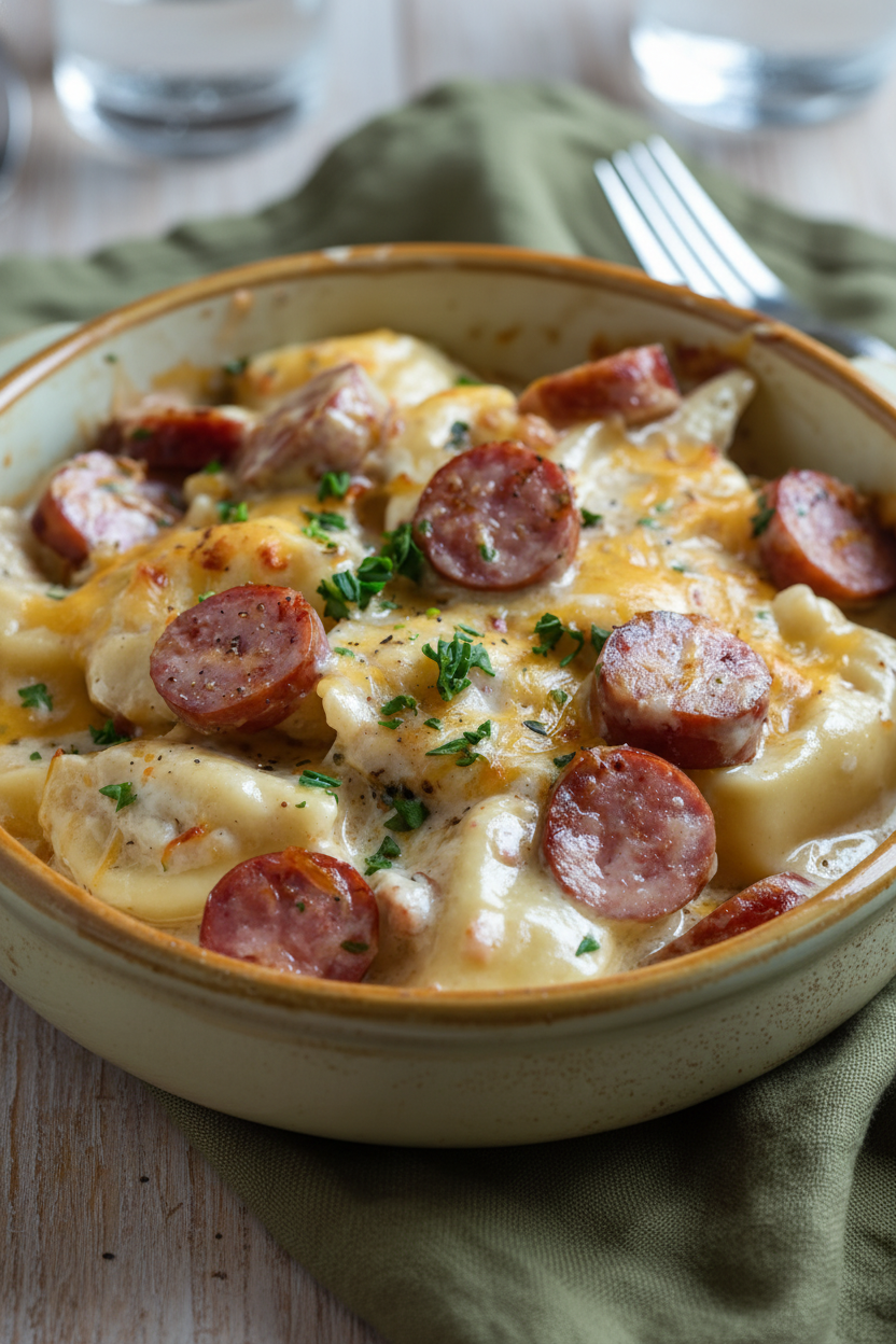 Cozy Crockpot Pierogi Casserole with Kielbasa