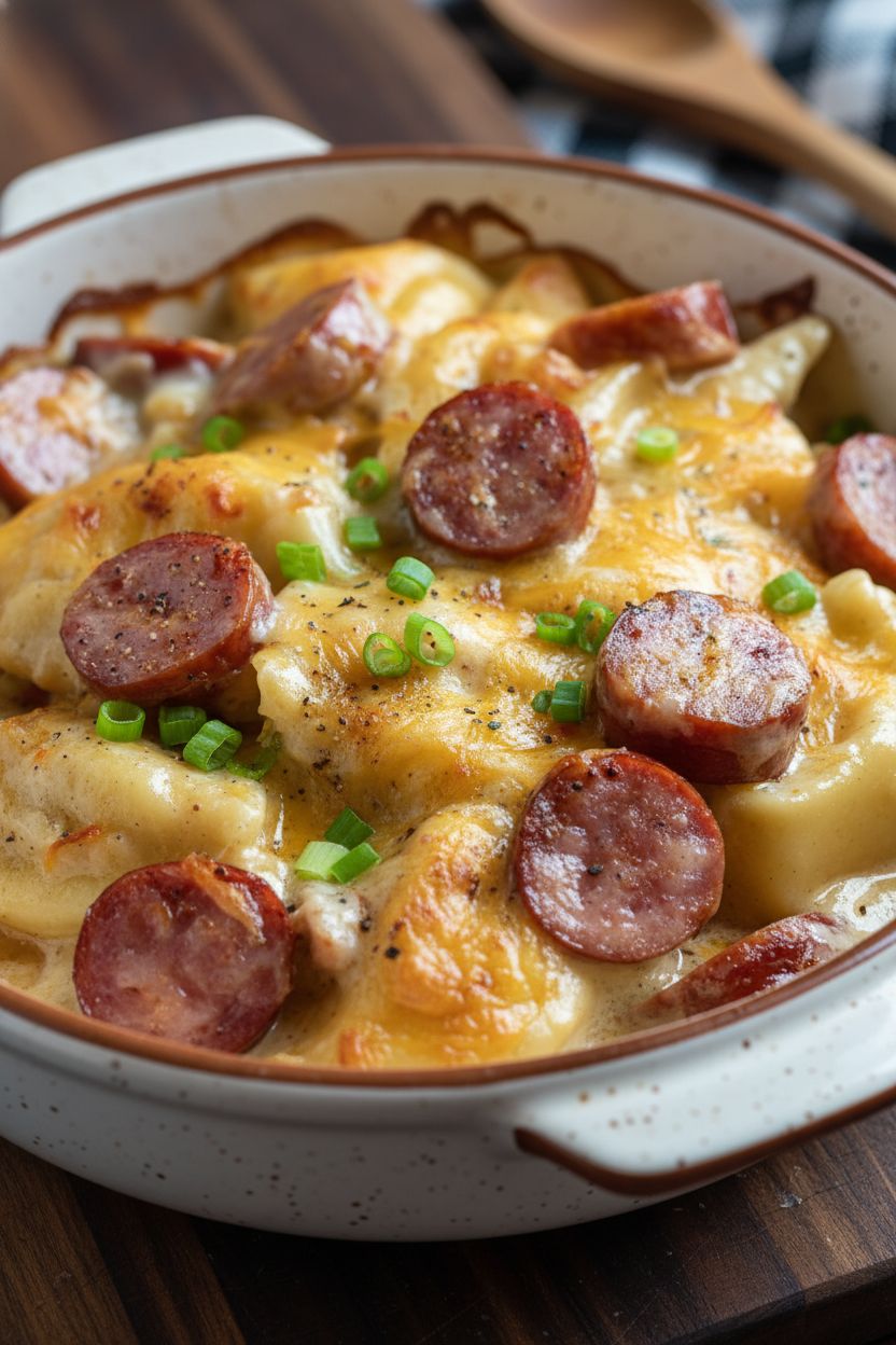 Cozy Crockpot Pierogi Casserole with Kielbasa