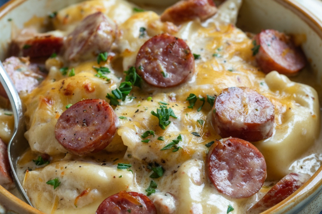 Cozy Crockpot Pierogi Casserole with Kielbasa