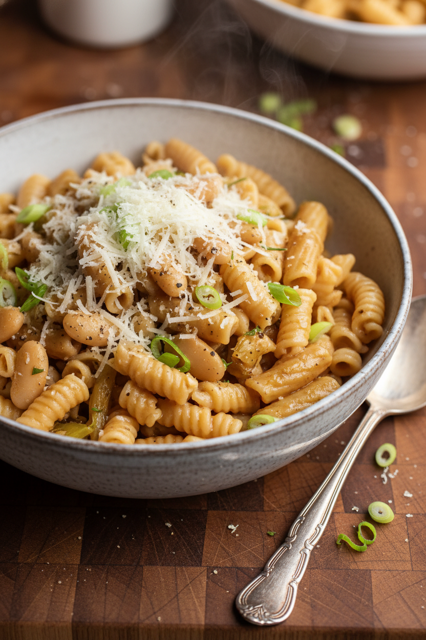 Creamy Miso Pasta with White Beans Leeks