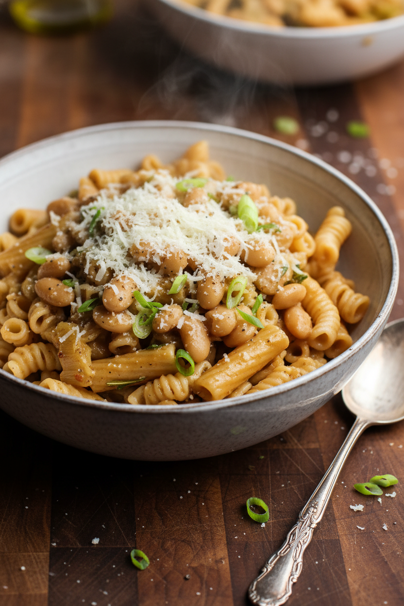 Creamy Miso Pasta with White Beans Leeks