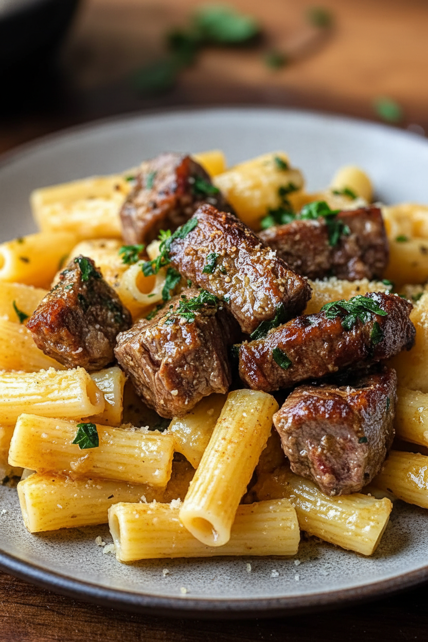 Garlic Butter Steak Tips with Cheesy Rigatoni
