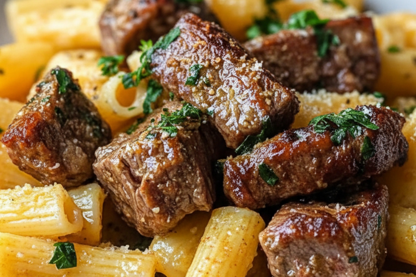 Garlic Butter Steak Tips with Cheesy Rigatoni
