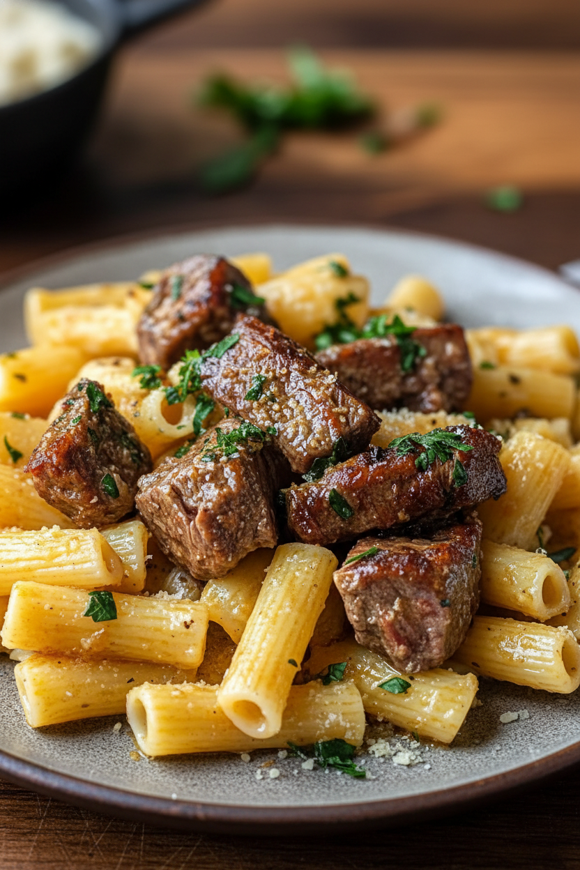 Garlic Butter Steak Tips with Cheesy Rigatoni