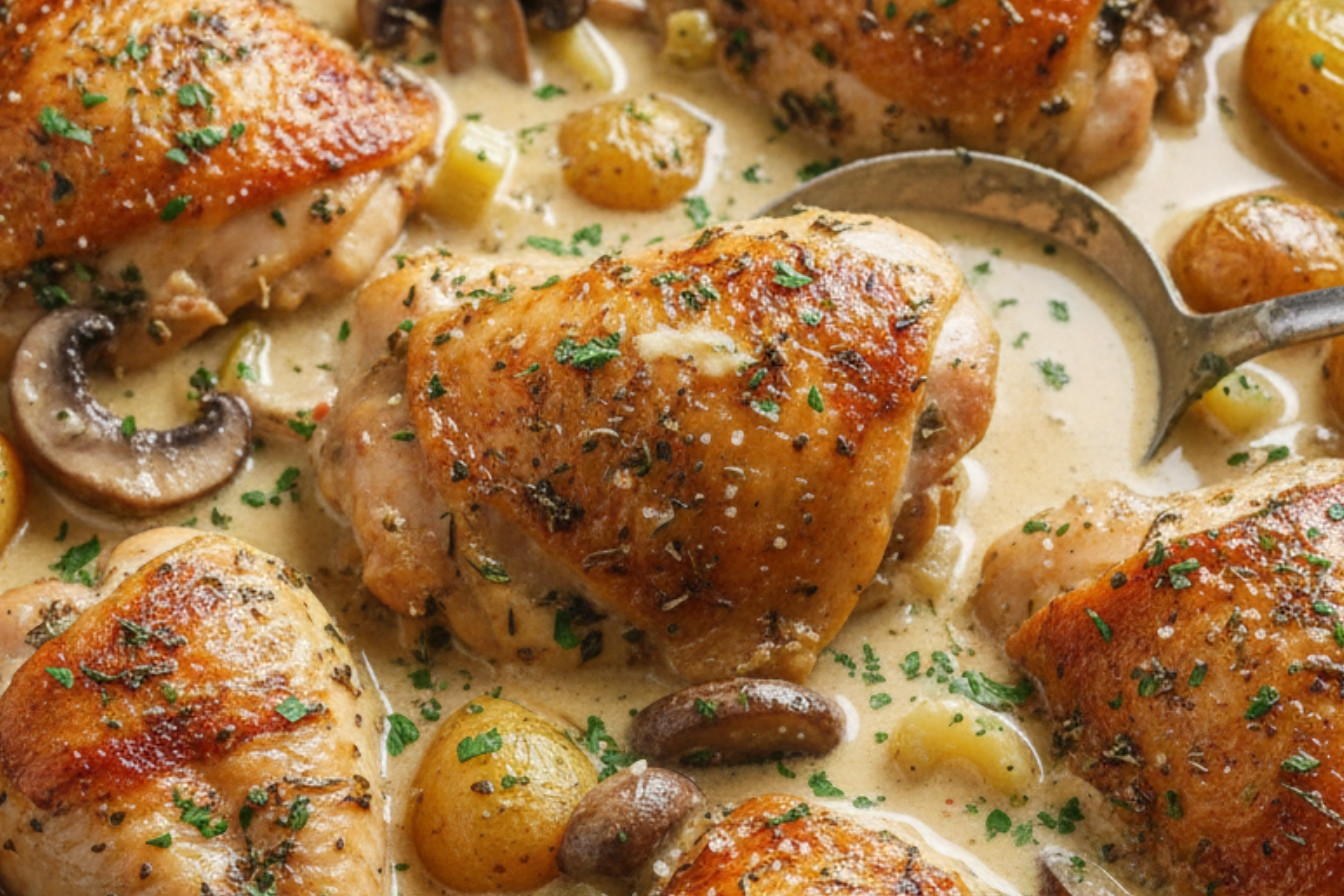 Herb Roasted Chicken in White Wine Sauce