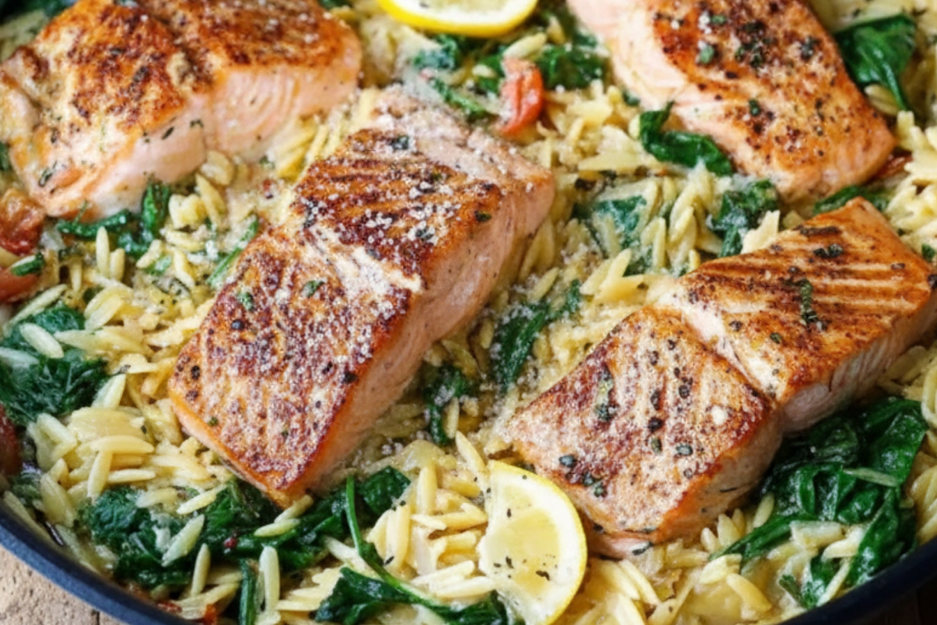 One Skillet Salmon and Lemon Orzo Recipe