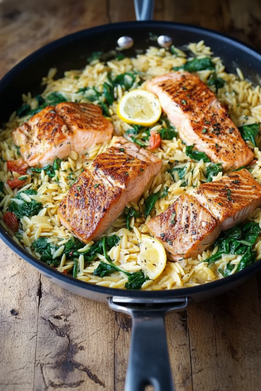 One Skillet Salmon and Lemon Orzo Recipe