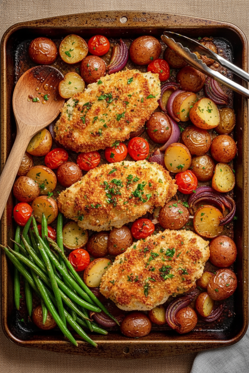 Parmesan Crusted Chicken Sheet Pan Dinner