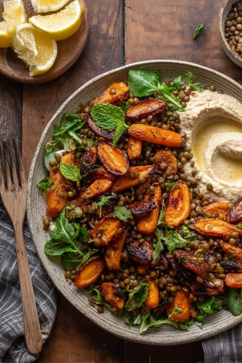 Roasted Carrot Lentil Salad with Hummus