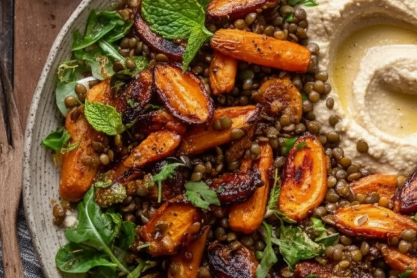 Roasted Carrot Lentil Salad with Hummus