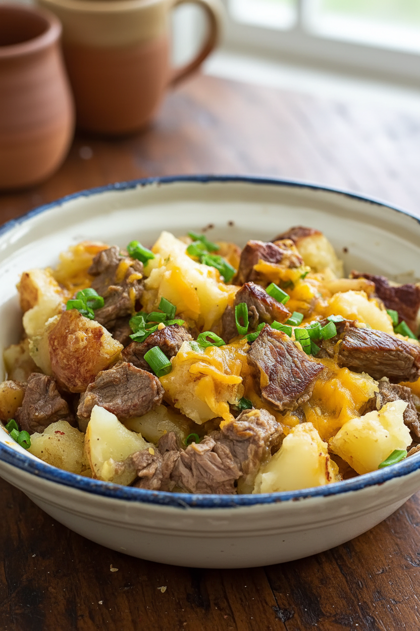 Slow Cooker Steak and Cheddar Potato Casserole